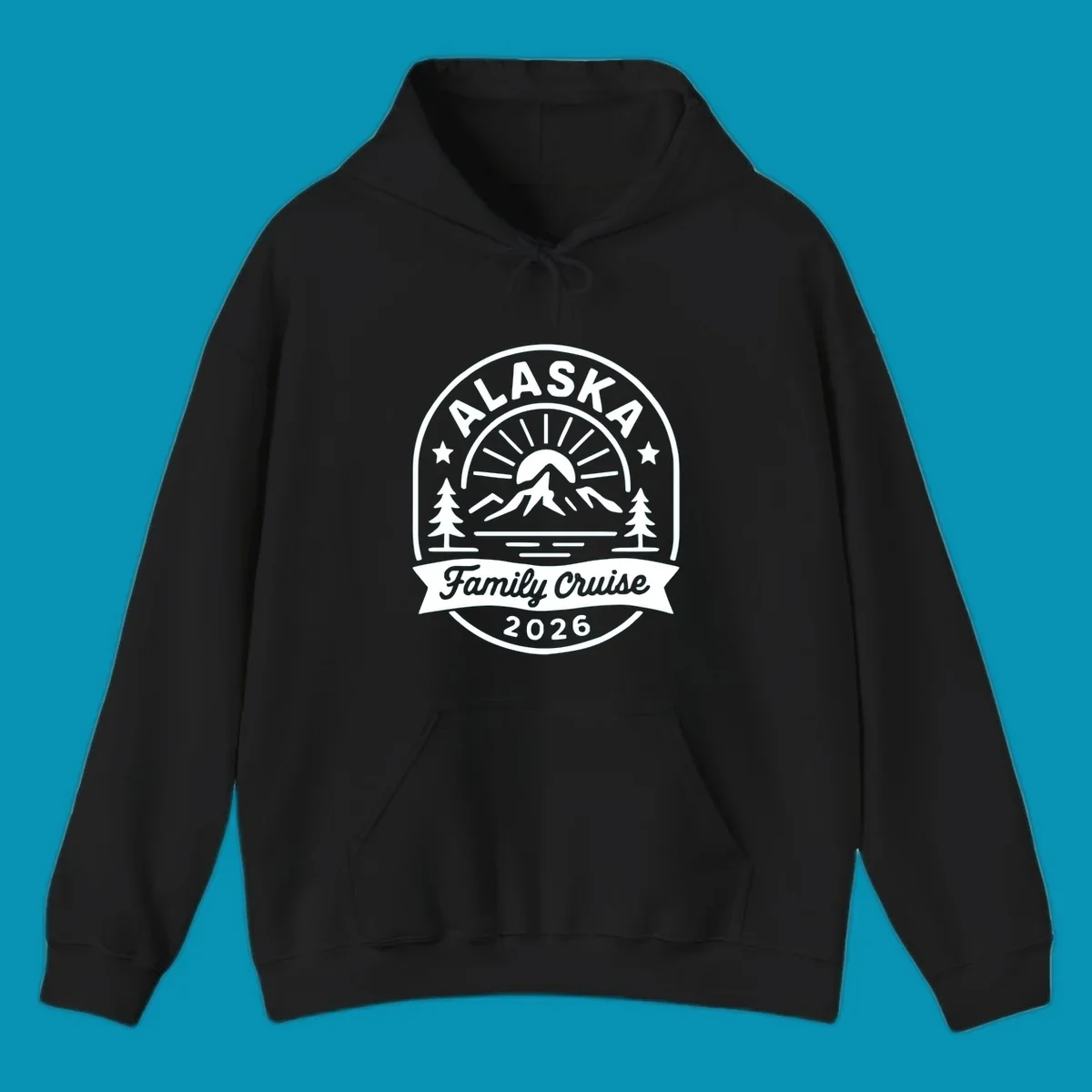 Vintage circular badge with Alaska family cruise 2026 text, mountain, sun rays, trees and stars design in white on gray