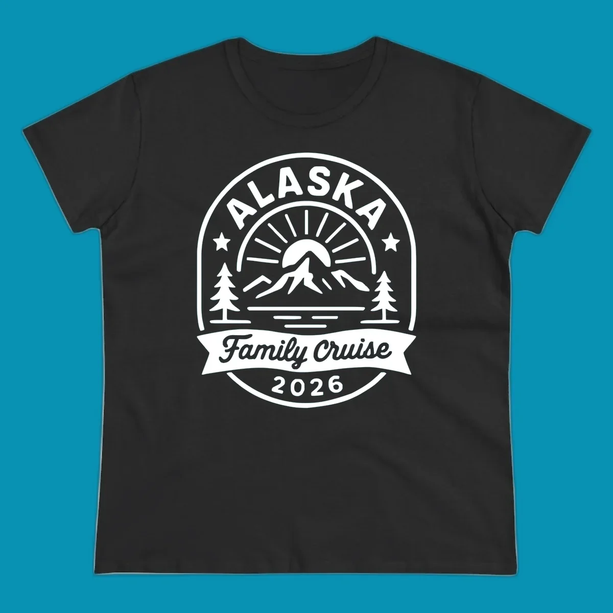 Vintage circular badge with Alaska family cruise 2026 text, mountain, sun rays, trees and stars design in white on gray