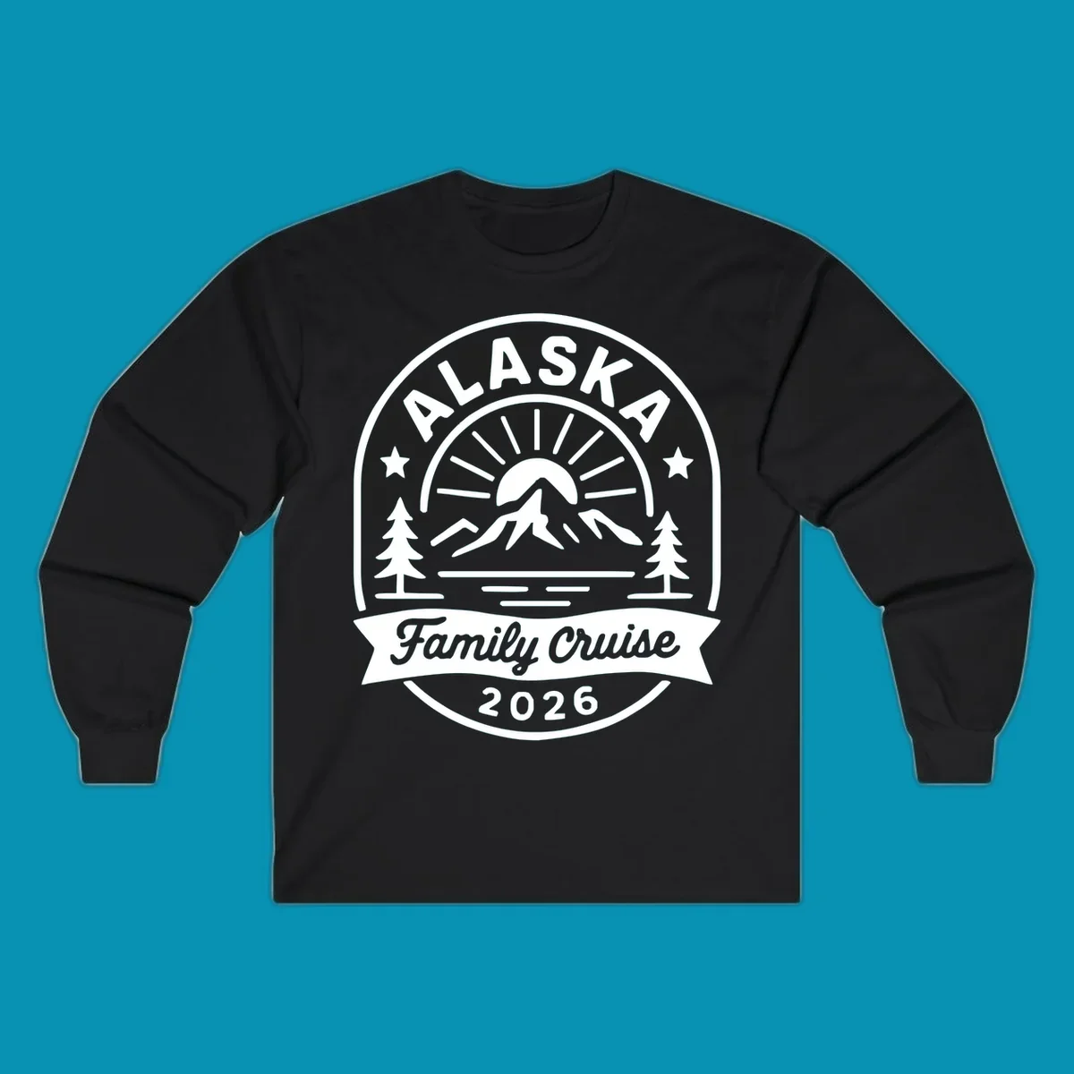 Vintage circular badge with Alaska family cruise 2026 text, mountain, sun rays, trees and stars design in white on gray