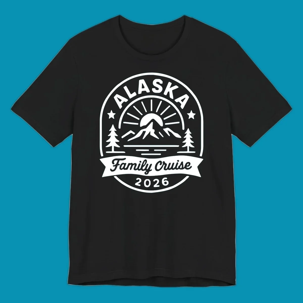 Vintage circular badge with Alaska family cruise 2026 text, mountain, sun rays, trees and stars design in white on gray