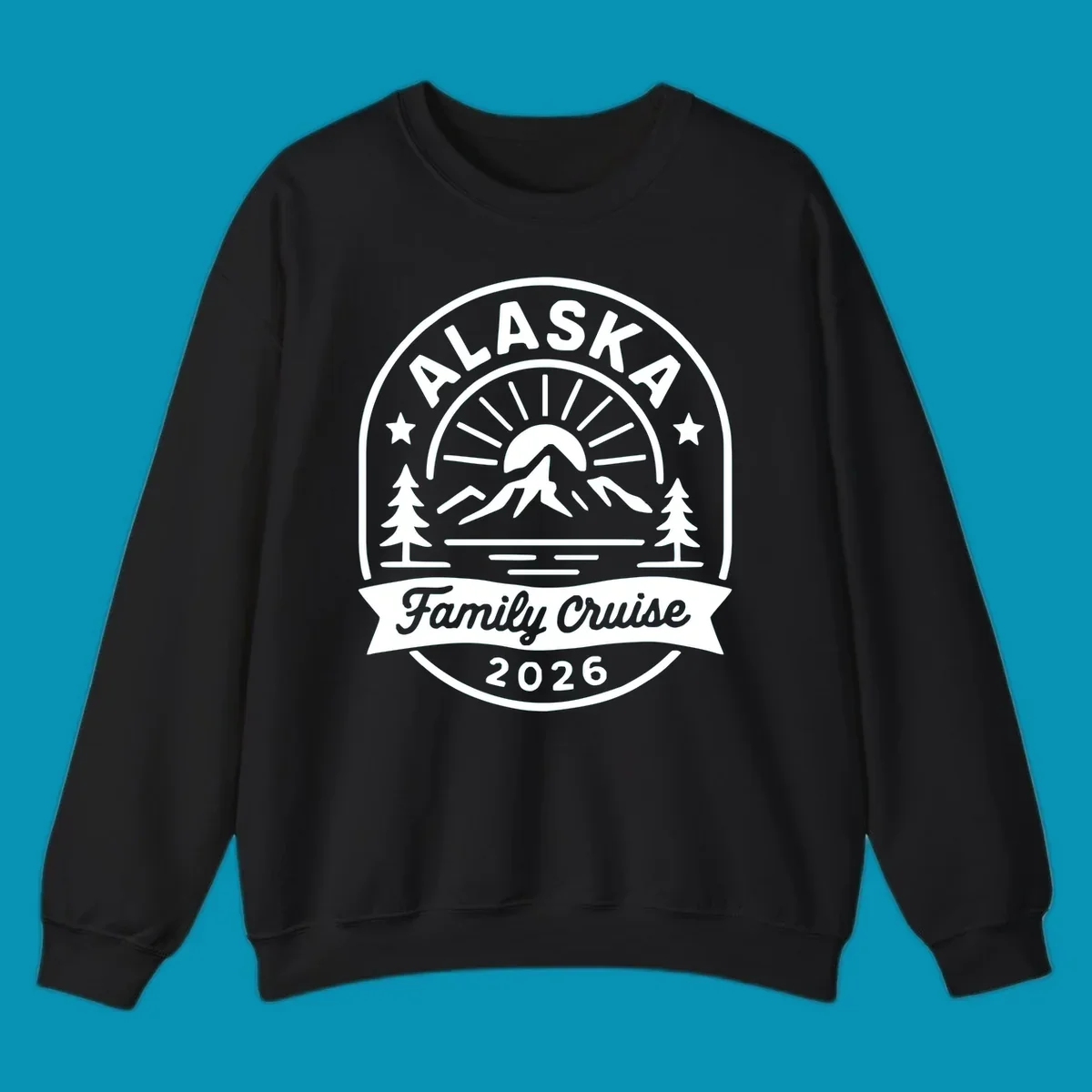 Vintage circular badge with Alaska family cruise 2026 text, mountain, sun rays, trees and stars design in white on gray