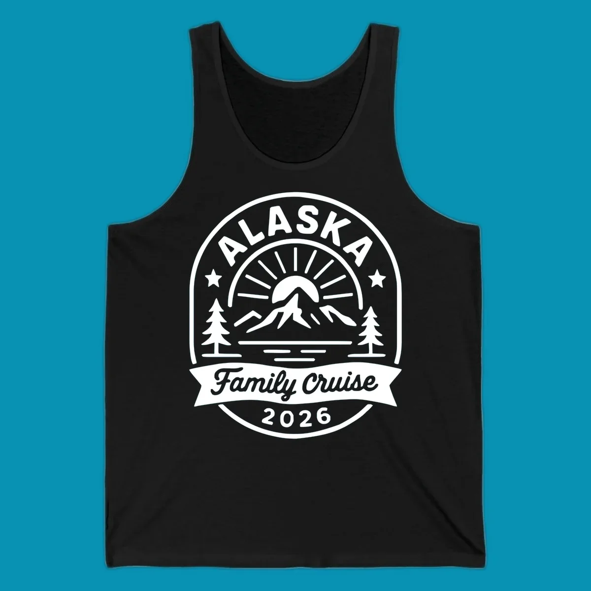Vintage circular badge with Alaska family cruise 2026 text, mountain, sun rays, trees and stars design in white on gray
