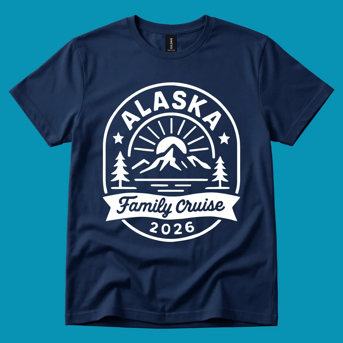 Vintage circular badge with Alaska family cruise 2026 text, mountain, sun rays, trees and stars design in white on gray