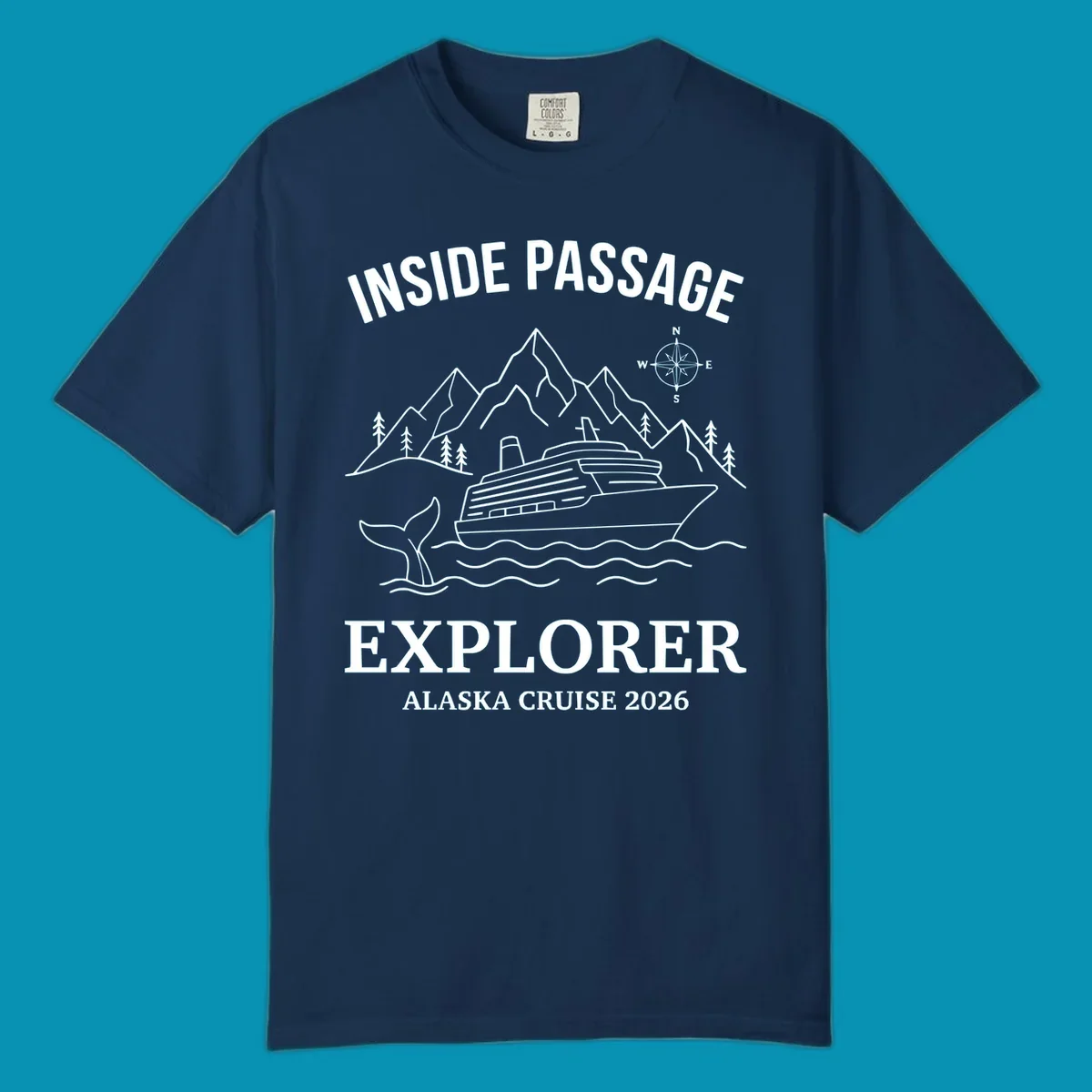 Line-art illustration of Inside Passage Explorer Alaska cruise design featuring cruise ship, mountains, whale, and compass rose