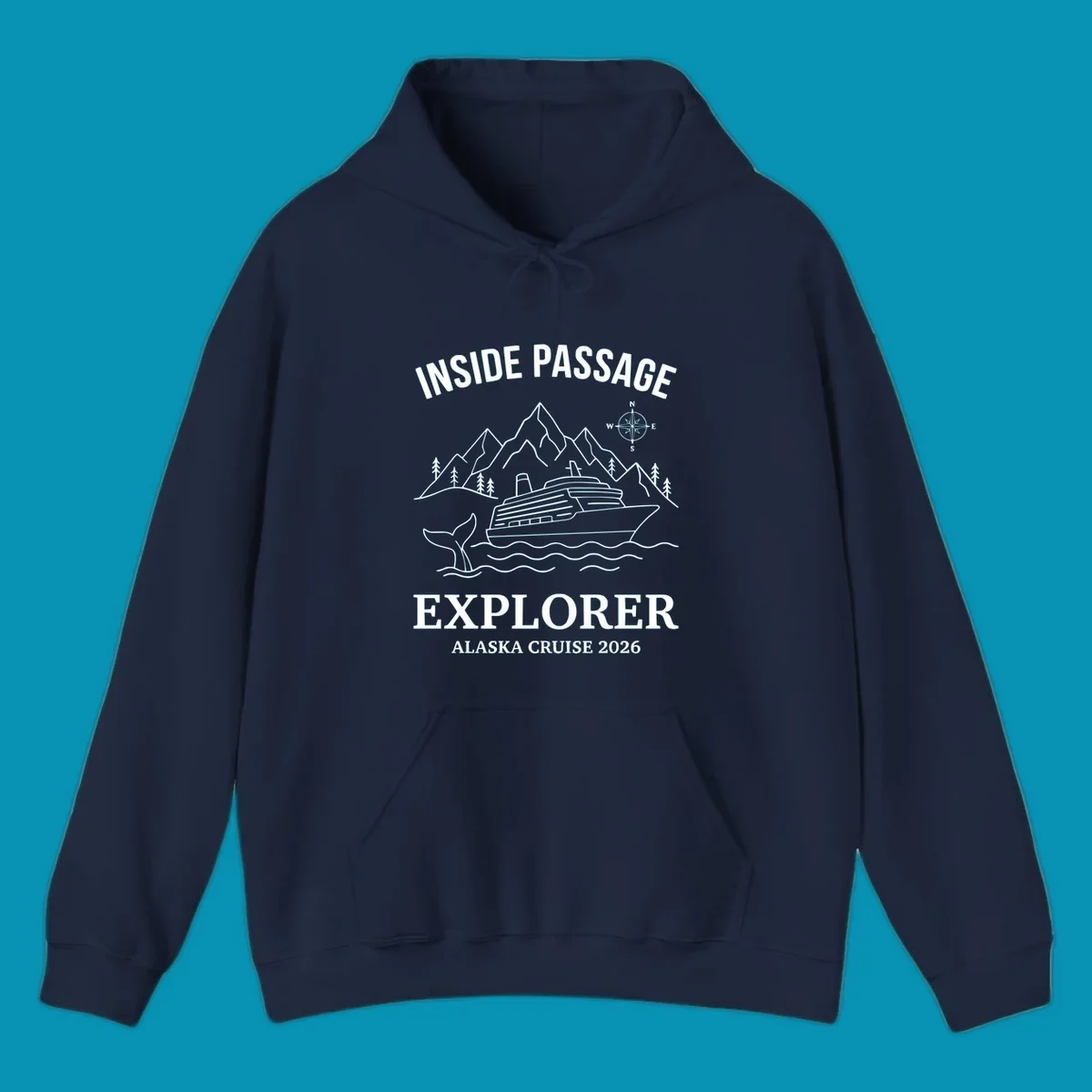 Line-art illustration of Inside Passage Explorer Alaska cruise design featuring cruise ship, mountains, whale, and compass rose
