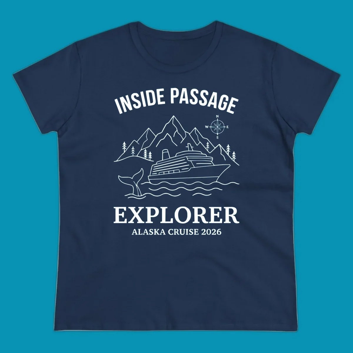 Line-art illustration of Inside Passage Explorer Alaska cruise design featuring cruise ship, mountains, whale, and compass rose