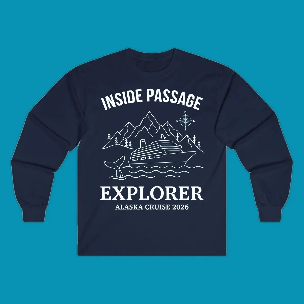 Line-art illustration of Inside Passage Explorer Alaska cruise design featuring cruise ship, mountains, whale, and compass rose