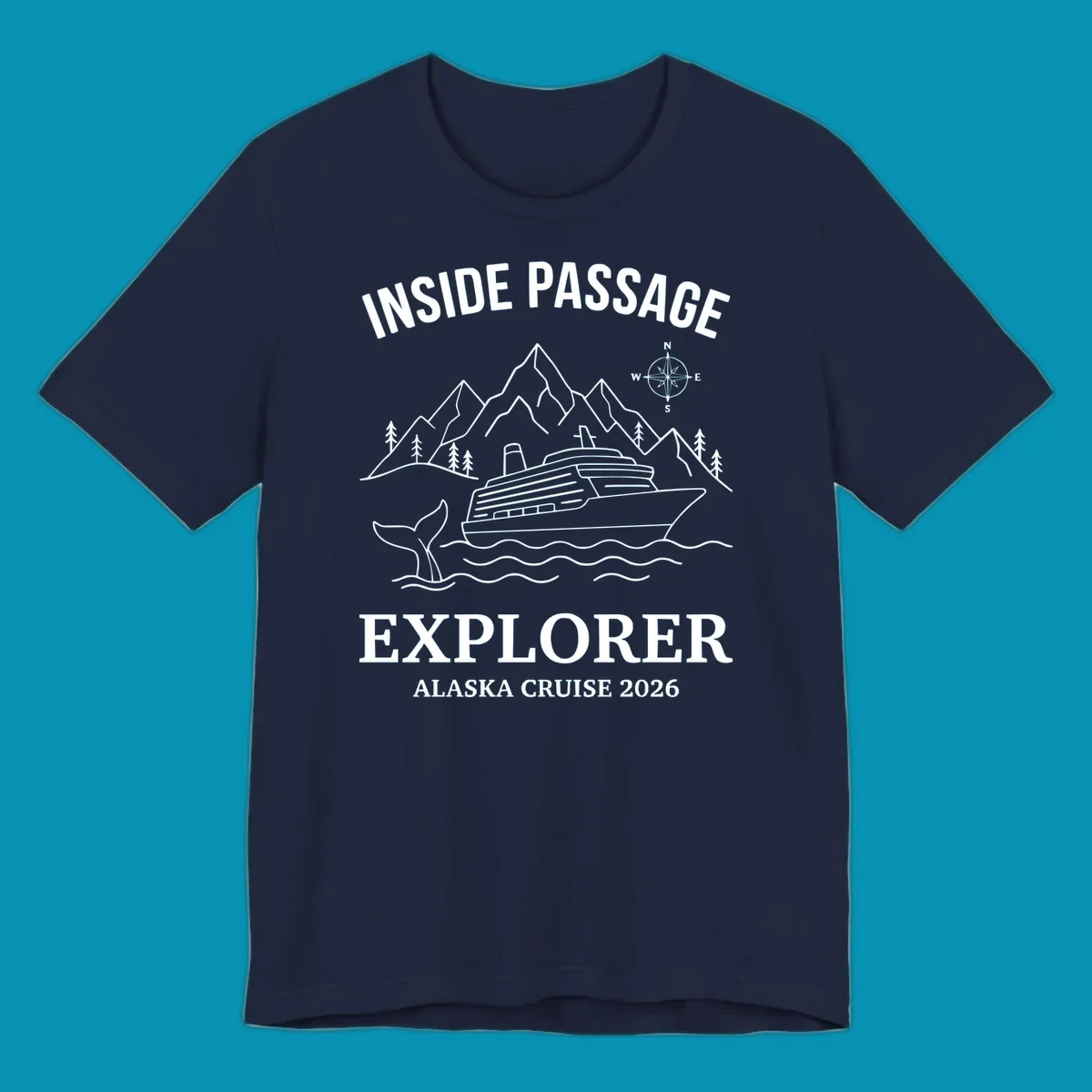 Line-art illustration of Inside Passage Explorer Alaska cruise design featuring cruise ship, mountains, whale, and compass rose