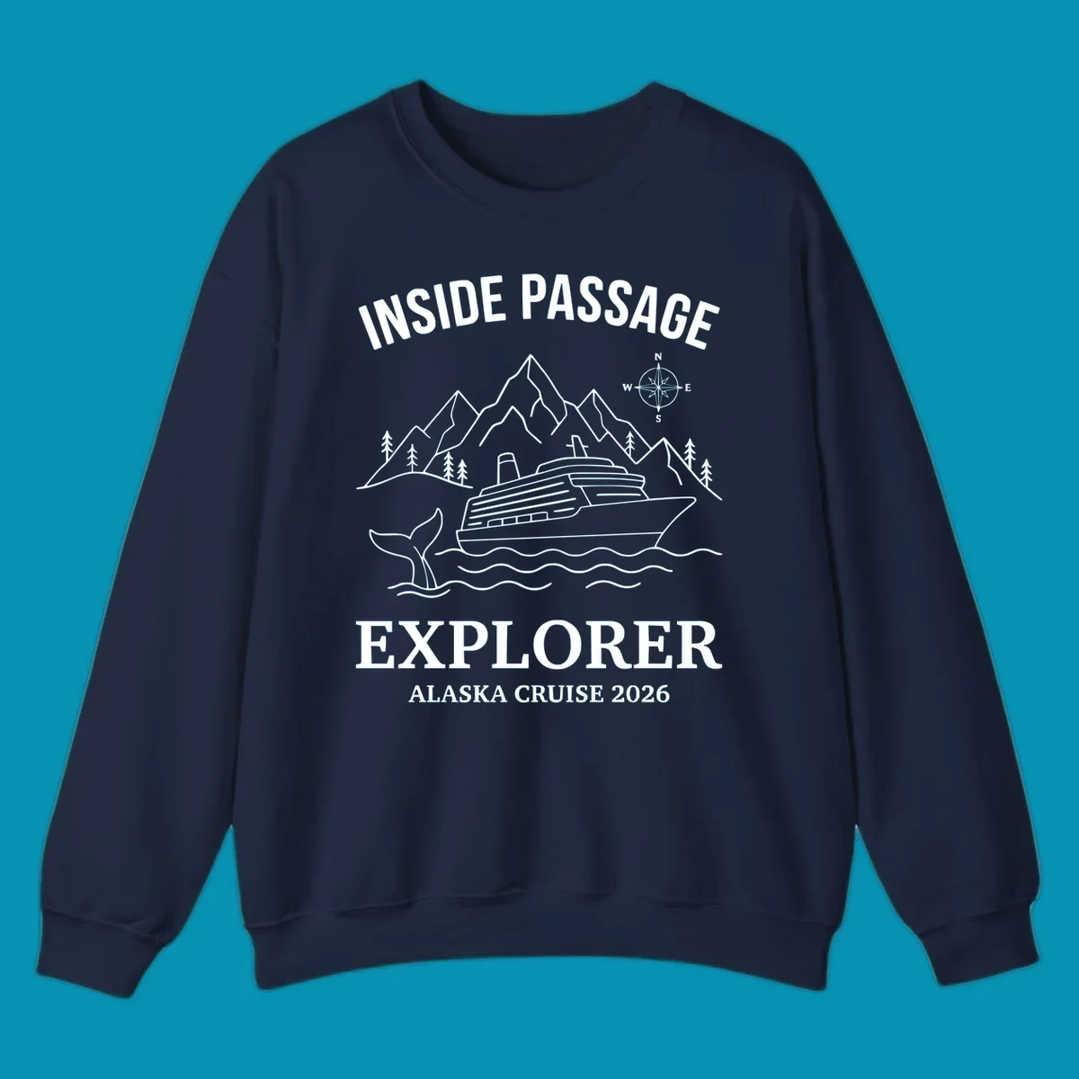 Line-art illustration of Inside Passage Explorer Alaska cruise design featuring cruise ship, mountains, whale, and compass rose