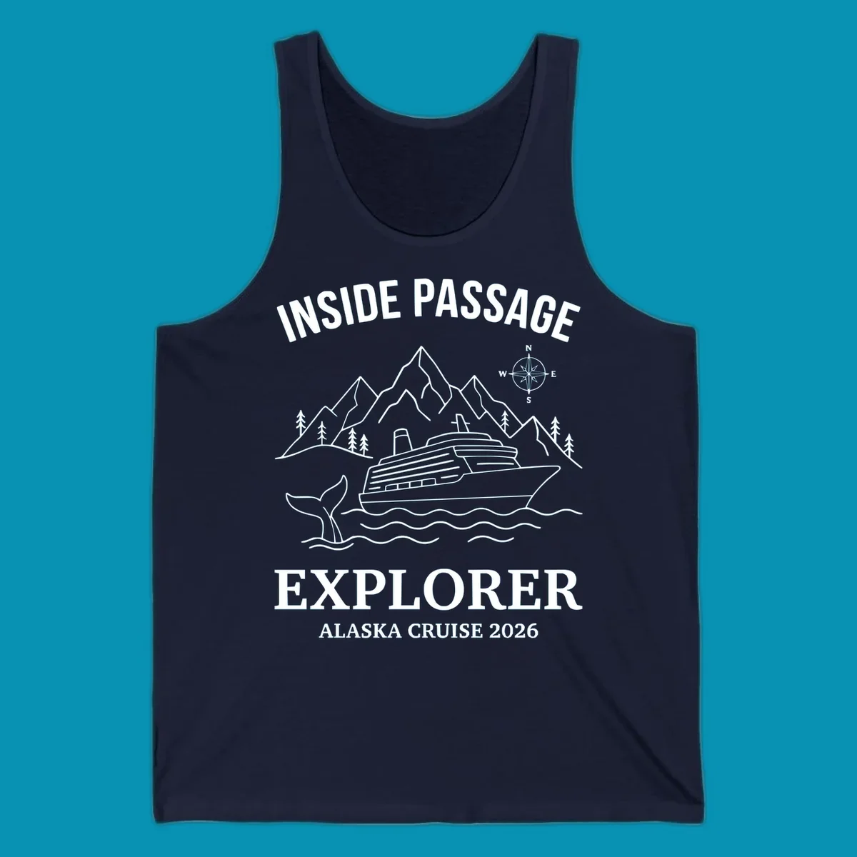 Line-art illustration of Inside Passage Explorer Alaska cruise design featuring cruise ship, mountains, whale, and compass rose