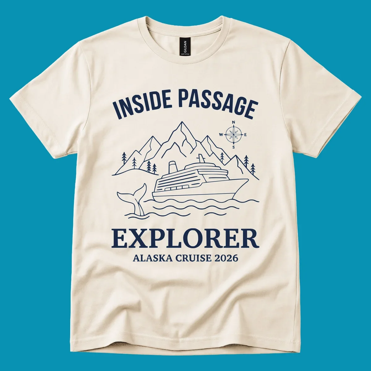 Line-art illustration of Inside Passage Explorer Alaska cruise design featuring cruise ship, mountains, whale, and compass rose