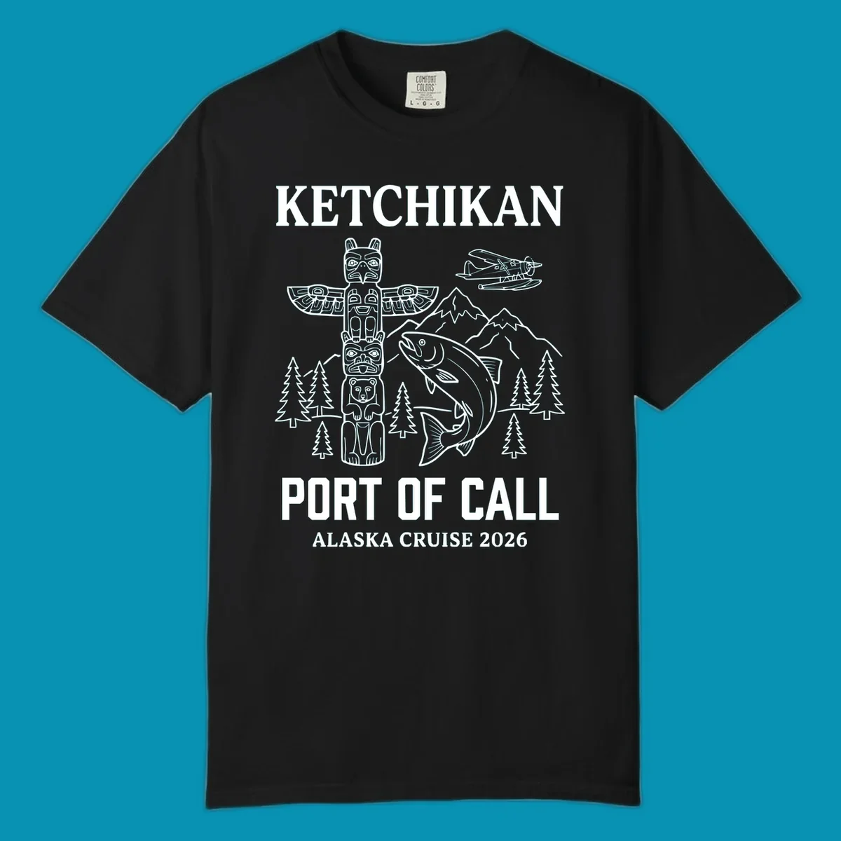 Ketchikan port of call design featuring totem pole, salmon, seaplane, mountains and trees for Alaska cruise 2026