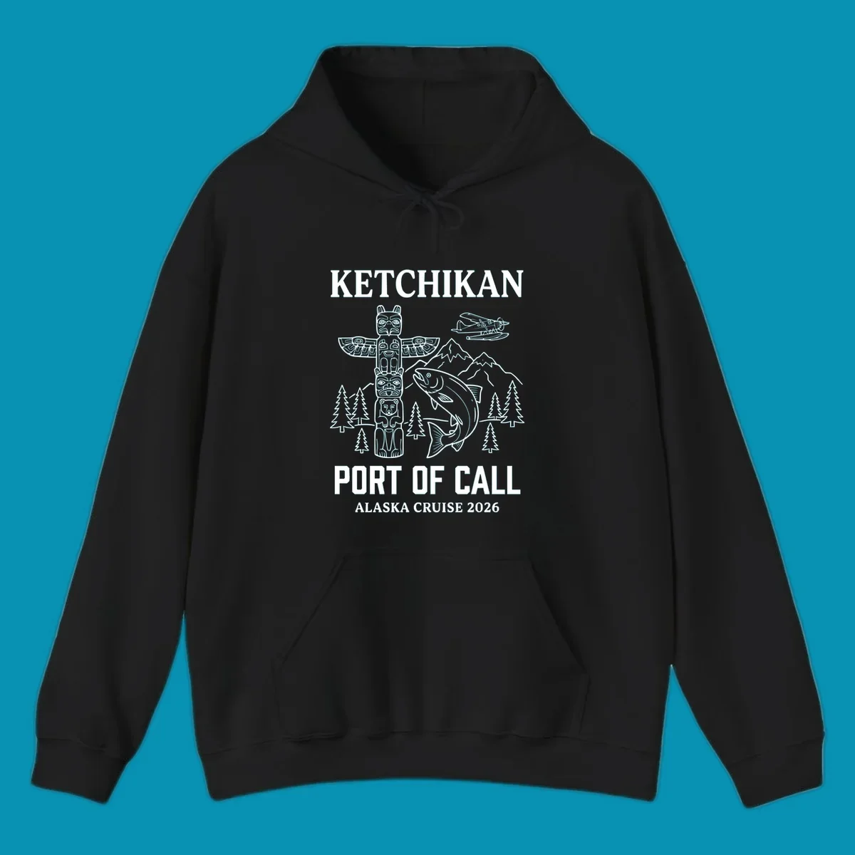Ketchikan port of call design featuring totem pole, salmon, seaplane, mountains and trees for Alaska cruise 2026
