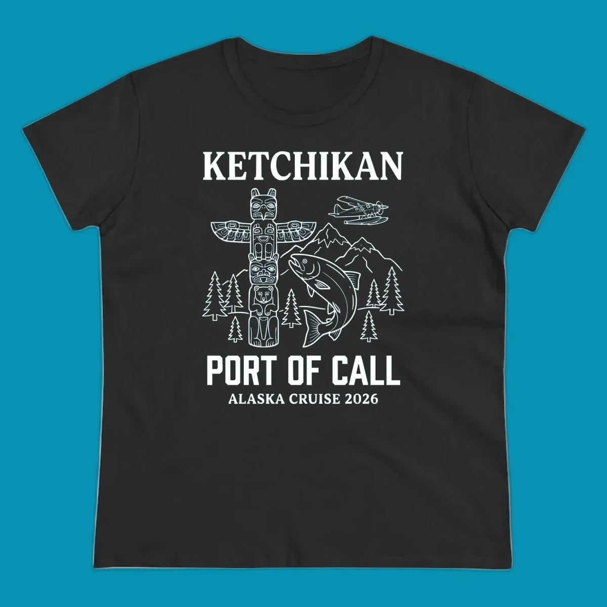 Ketchikan port of call design featuring totem pole, salmon, seaplane, mountains and trees for Alaska cruise 2026
