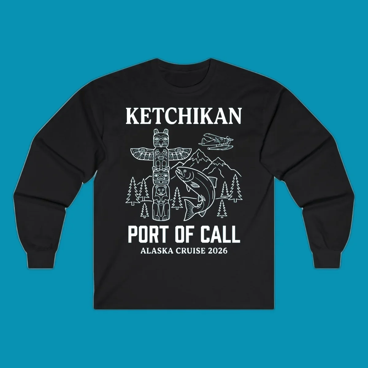 Ketchikan port of call design featuring totem pole, salmon, seaplane, mountains and trees for Alaska cruise 2026