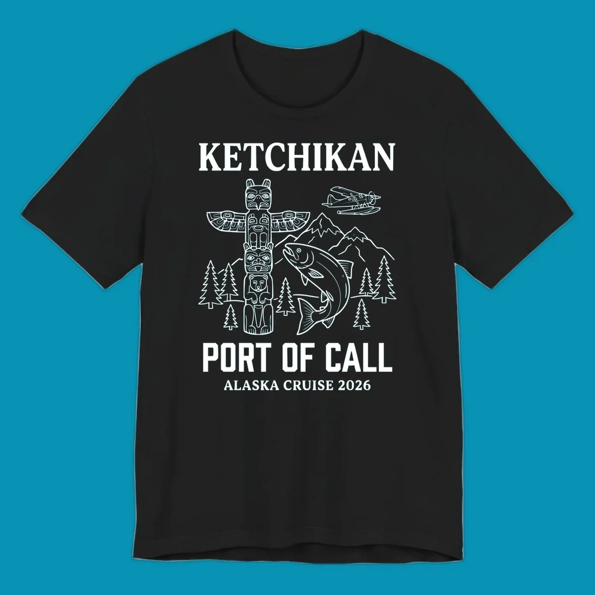 Ketchikan port of call design featuring totem pole, salmon, seaplane, mountains and trees for Alaska cruise 2026