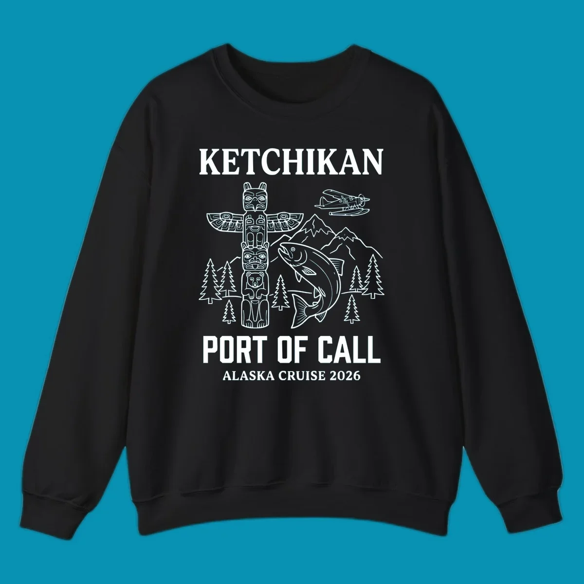 Ketchikan port of call design featuring totem pole, salmon, seaplane, mountains and trees for Alaska cruise 2026