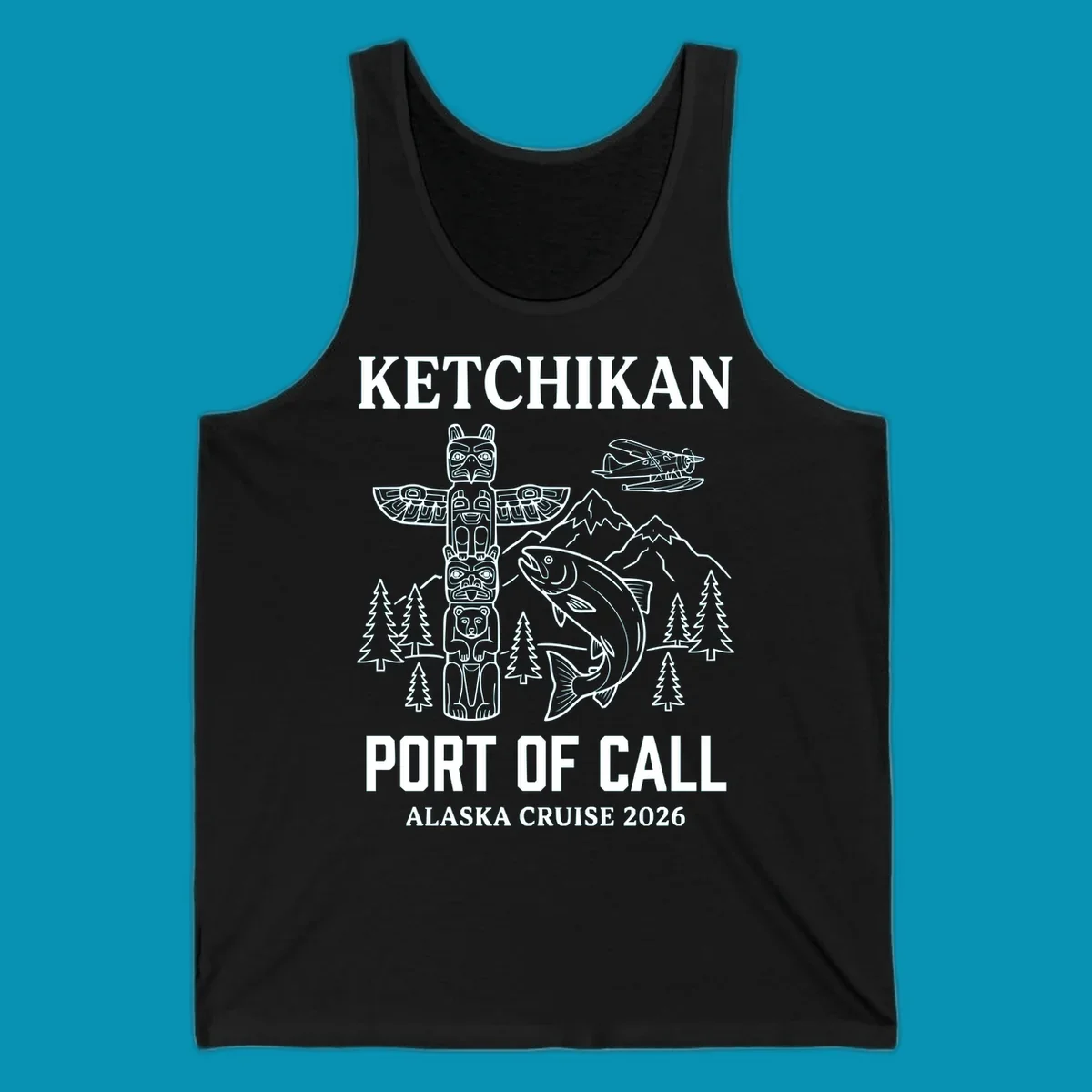 Ketchikan port of call design featuring totem pole, salmon, seaplane, mountains and trees for Alaska cruise 2026