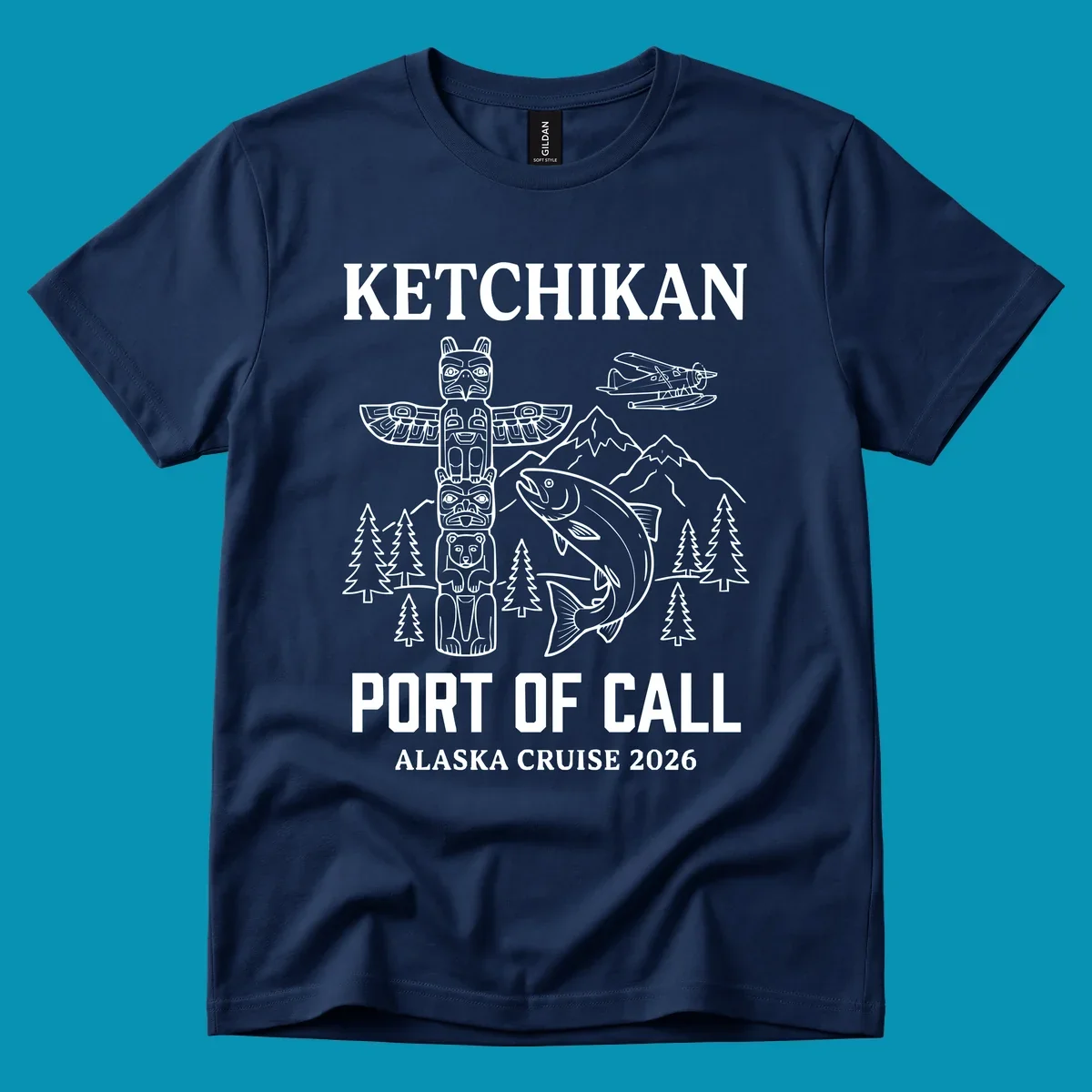 Ketchikan port of call design featuring totem pole, salmon, seaplane, mountains and trees for Alaska cruise 2026