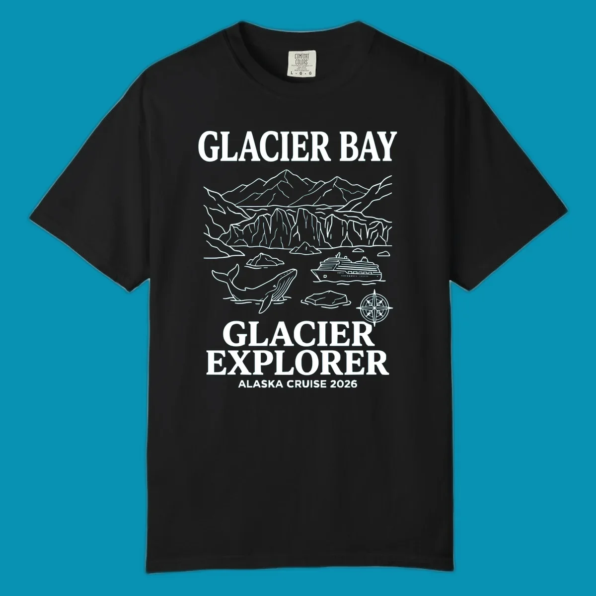 Line-art illustration of Glacier Bay with glaciers, mountains, whales, cruise ship, icebergs, and compass rose for Alaska cruise explorer apparel