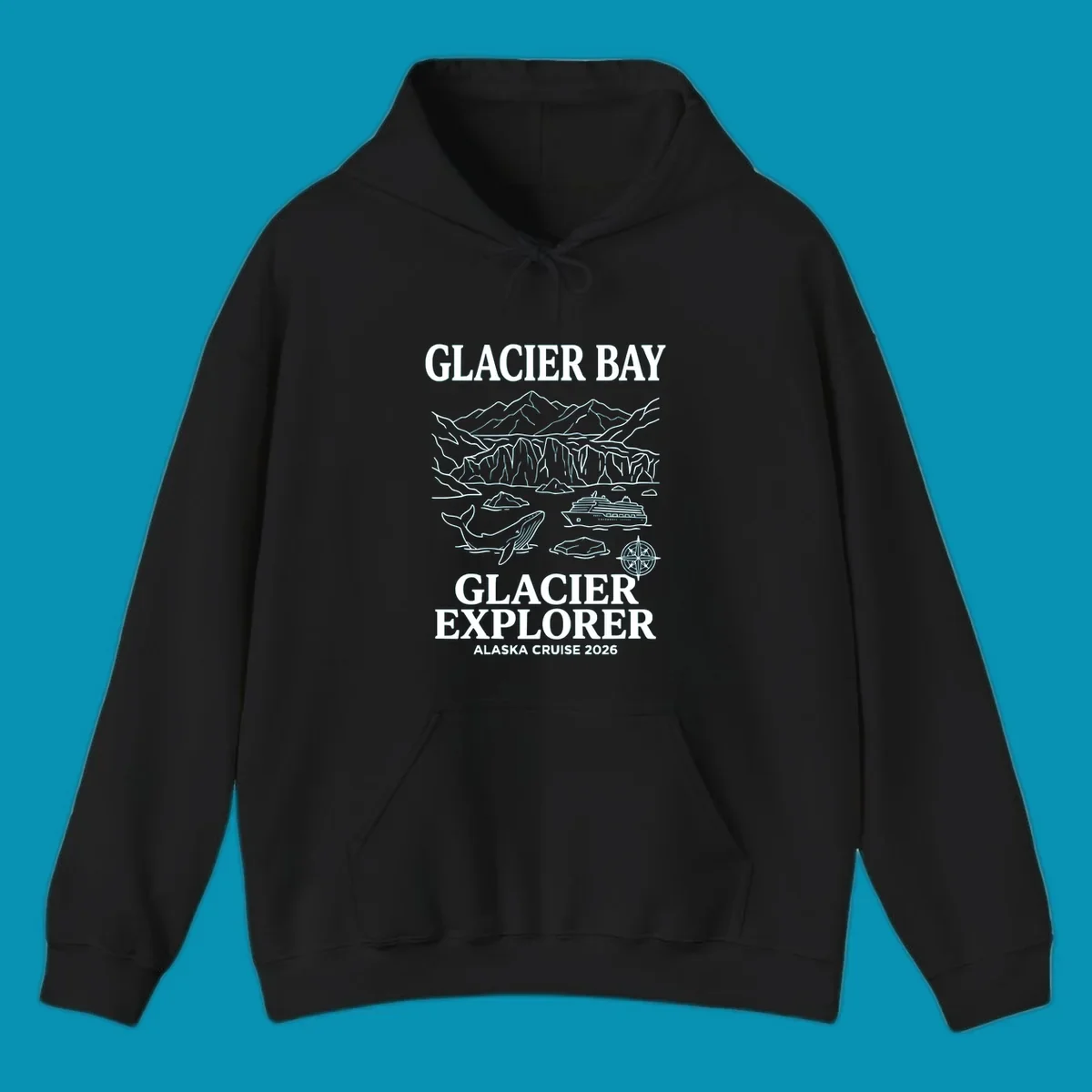 Line-art illustration of Glacier Bay with glaciers, mountains, whales, cruise ship, icebergs, and compass rose for Alaska cruise explorer apparel