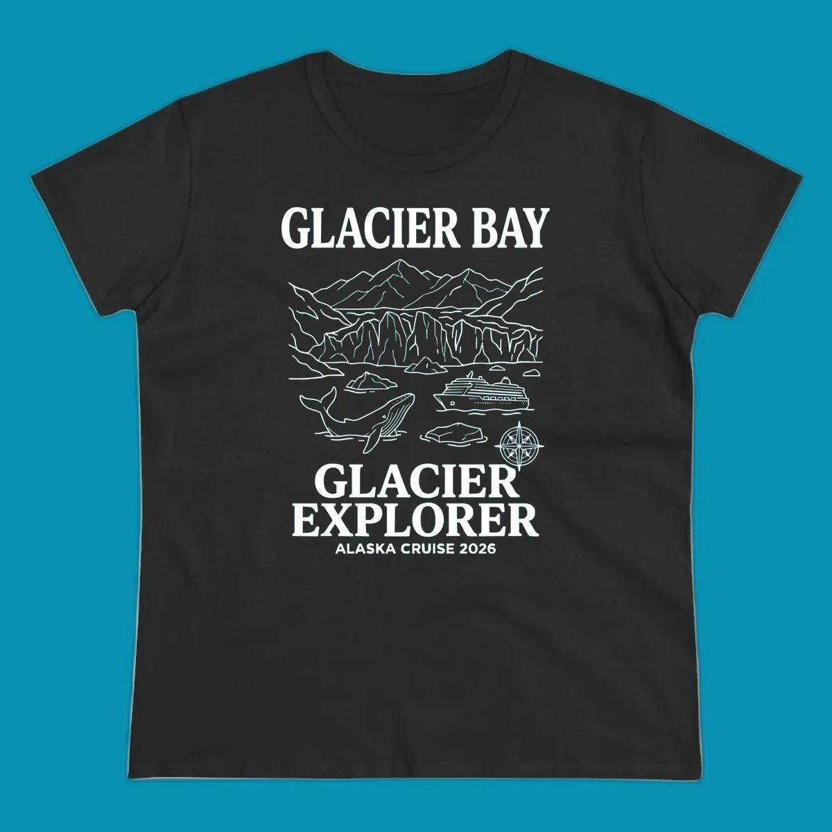 Line-art illustration of Glacier Bay with glaciers, mountains, whales, cruise ship, icebergs, and compass rose for Alaska cruise explorer apparel
