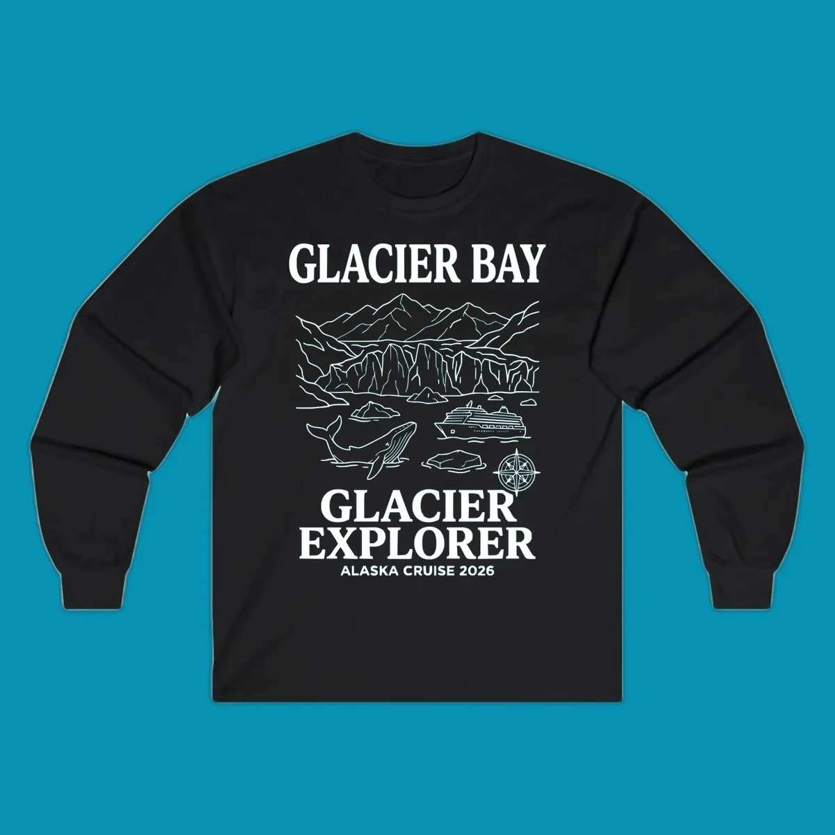 Line-art illustration of Glacier Bay with glaciers, mountains, whales, cruise ship, icebergs, and compass rose for Alaska cruise explorer apparel