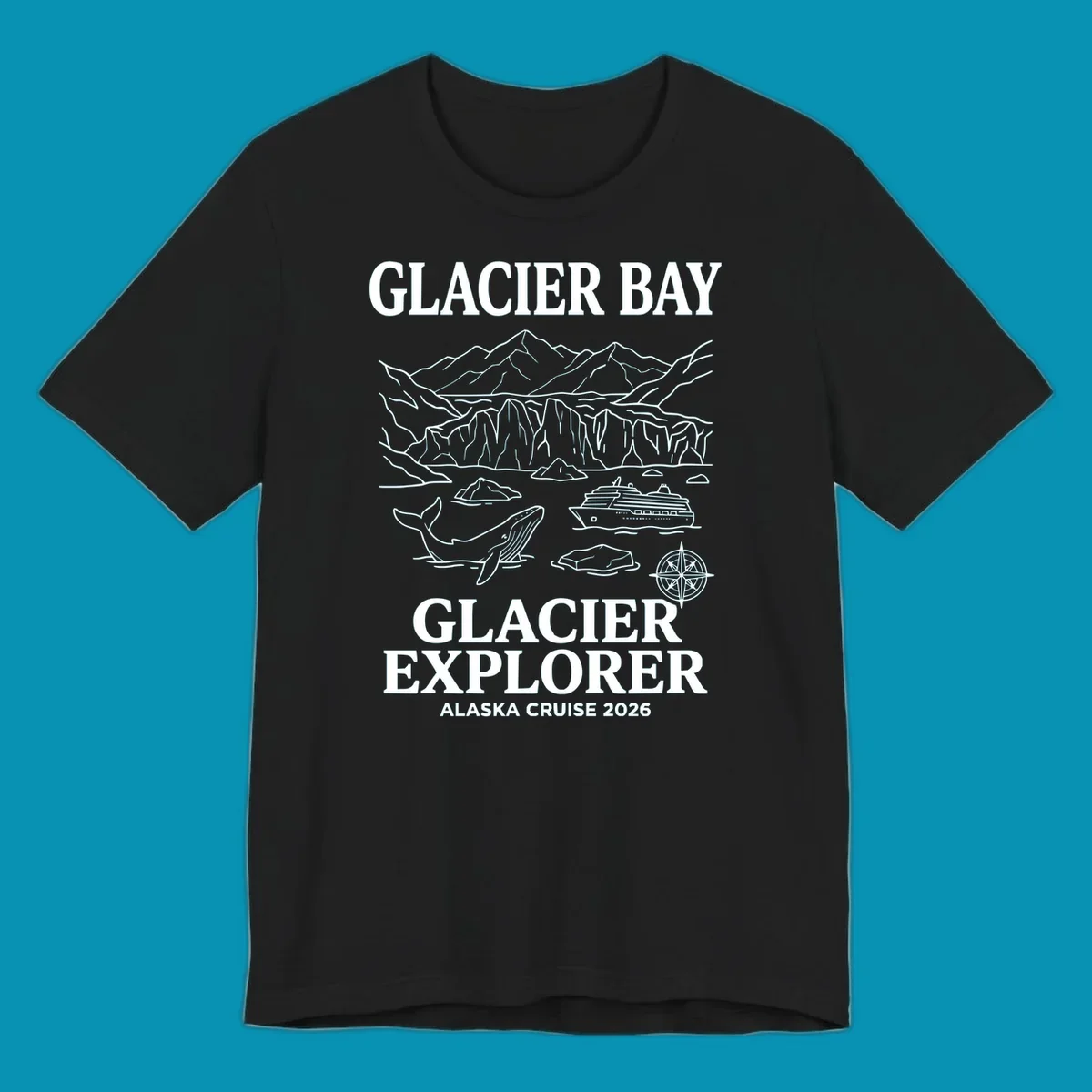 Line-art illustration of Glacier Bay with glaciers, mountains, whales, cruise ship, icebergs, and compass rose for Alaska cruise explorer apparel