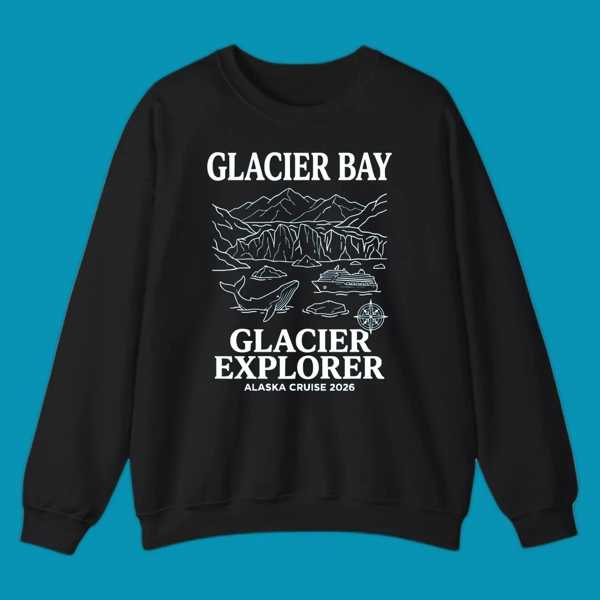 Line-art illustration of Glacier Bay with glaciers, mountains, whales, cruise ship, icebergs, and compass rose for Alaska cruise explorer apparel