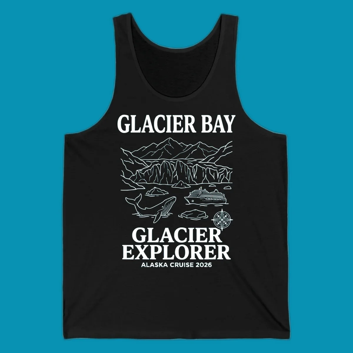 Line-art illustration of Glacier Bay with glaciers, mountains, whales, cruise ship, icebergs, and compass rose for Alaska cruise explorer apparel