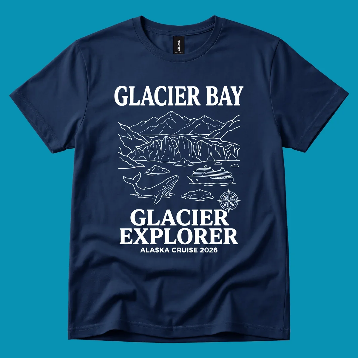 Line-art illustration of Glacier Bay with glaciers, mountains, whales, cruise ship, icebergs, and compass rose for Alaska cruise explorer apparel