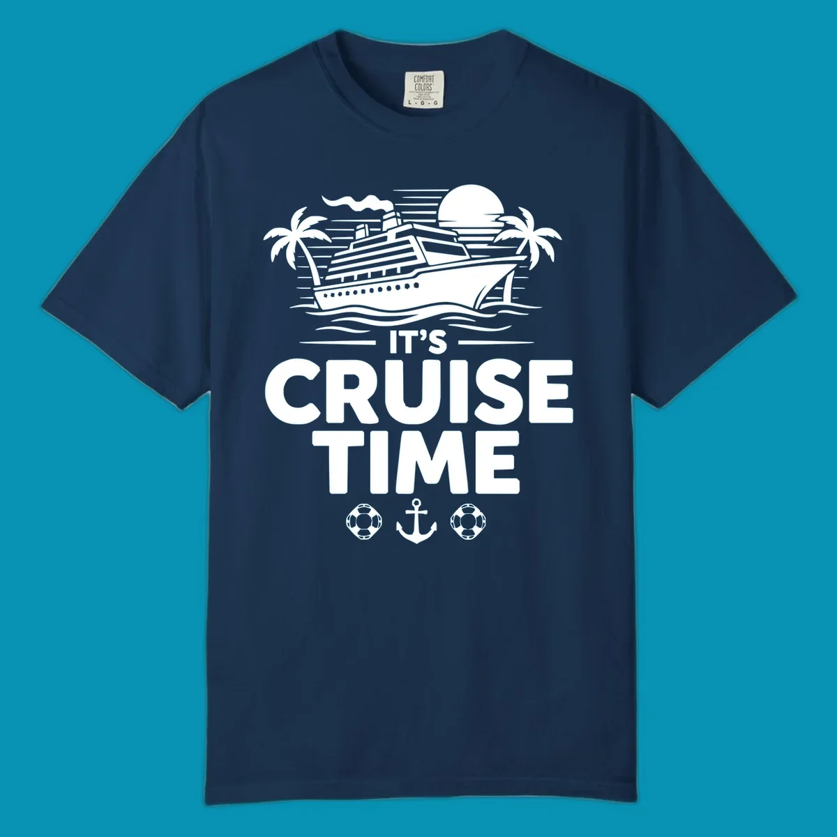 White illustration of cruise ship with palm trees, moon, and ocean waves. Text reads 'IT'S CRUISE TIME' with life preservers and anchor below.