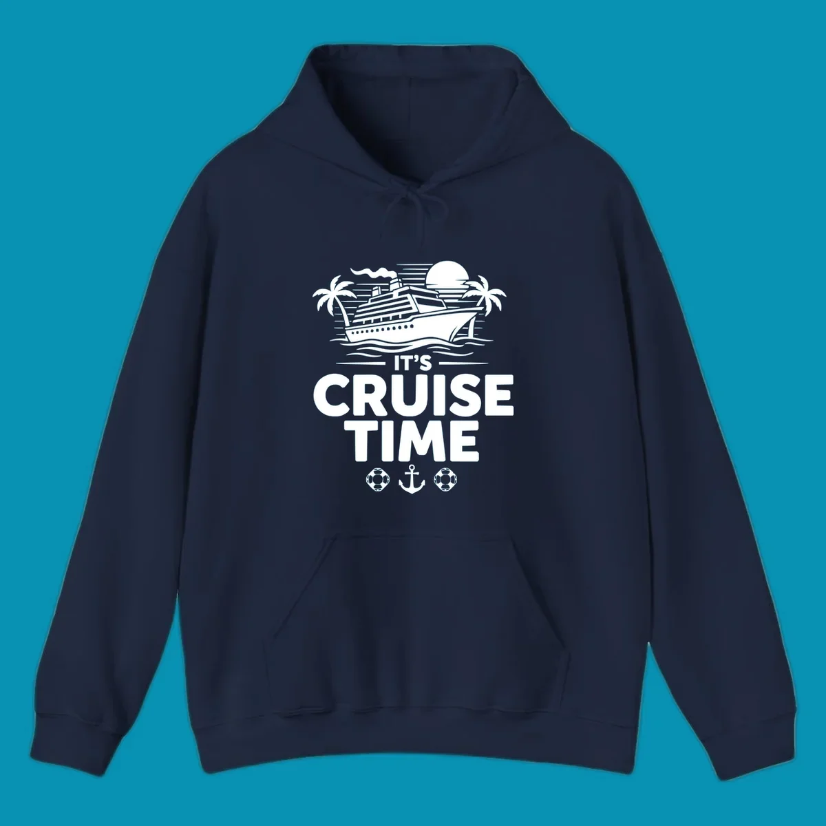 White illustration of cruise ship with palm trees, moon, and ocean waves. Text reads 'IT'S CRUISE TIME' with life preservers and anchor below.