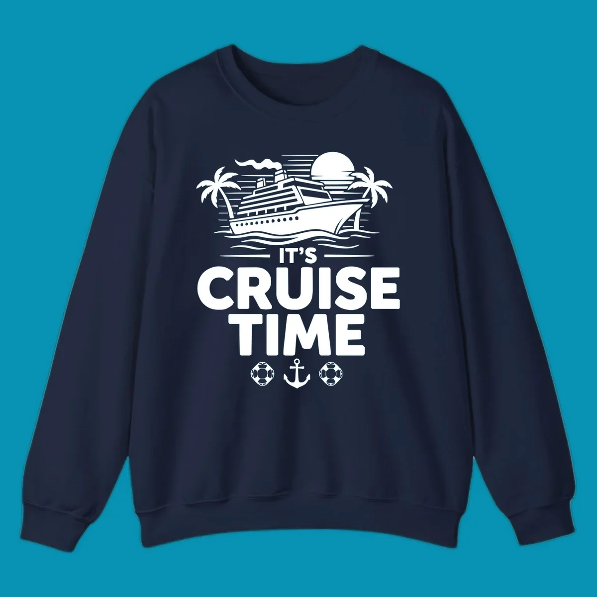 White illustration of cruise ship with palm trees, moon, and ocean waves. Text reads 'IT'S CRUISE TIME' with life preservers and anchor below.