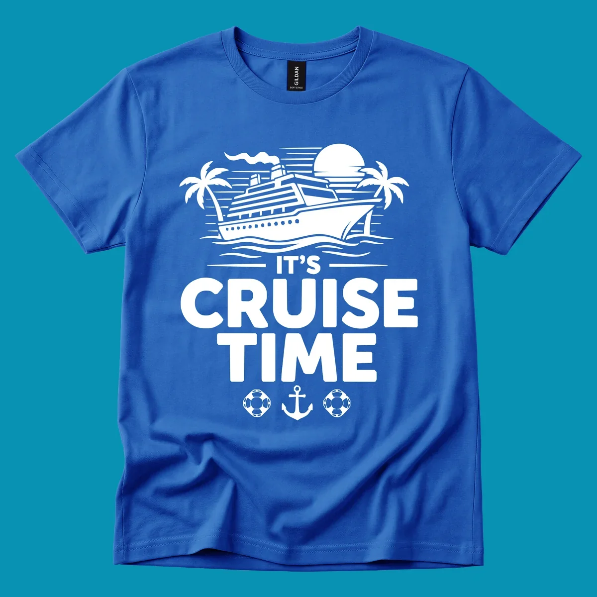 White illustration of cruise ship with palm trees, moon, and ocean waves. Text reads 'IT'S CRUISE TIME' with life preservers and anchor below.