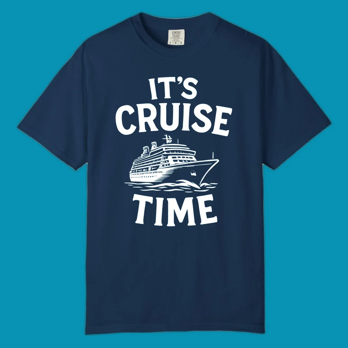 White text reading 'It's Cruise Time' with a detailed line-art cruise ship illustration sailing through ocean waves on gray background