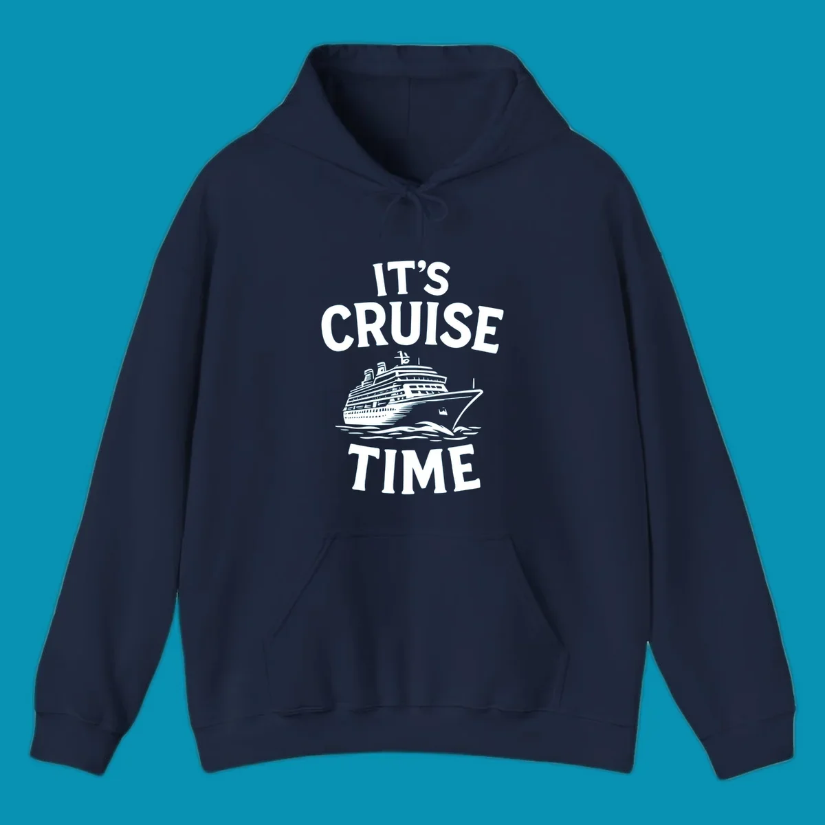 White text reading 'It's Cruise Time' with a detailed line-art cruise ship illustration sailing through ocean waves on gray background