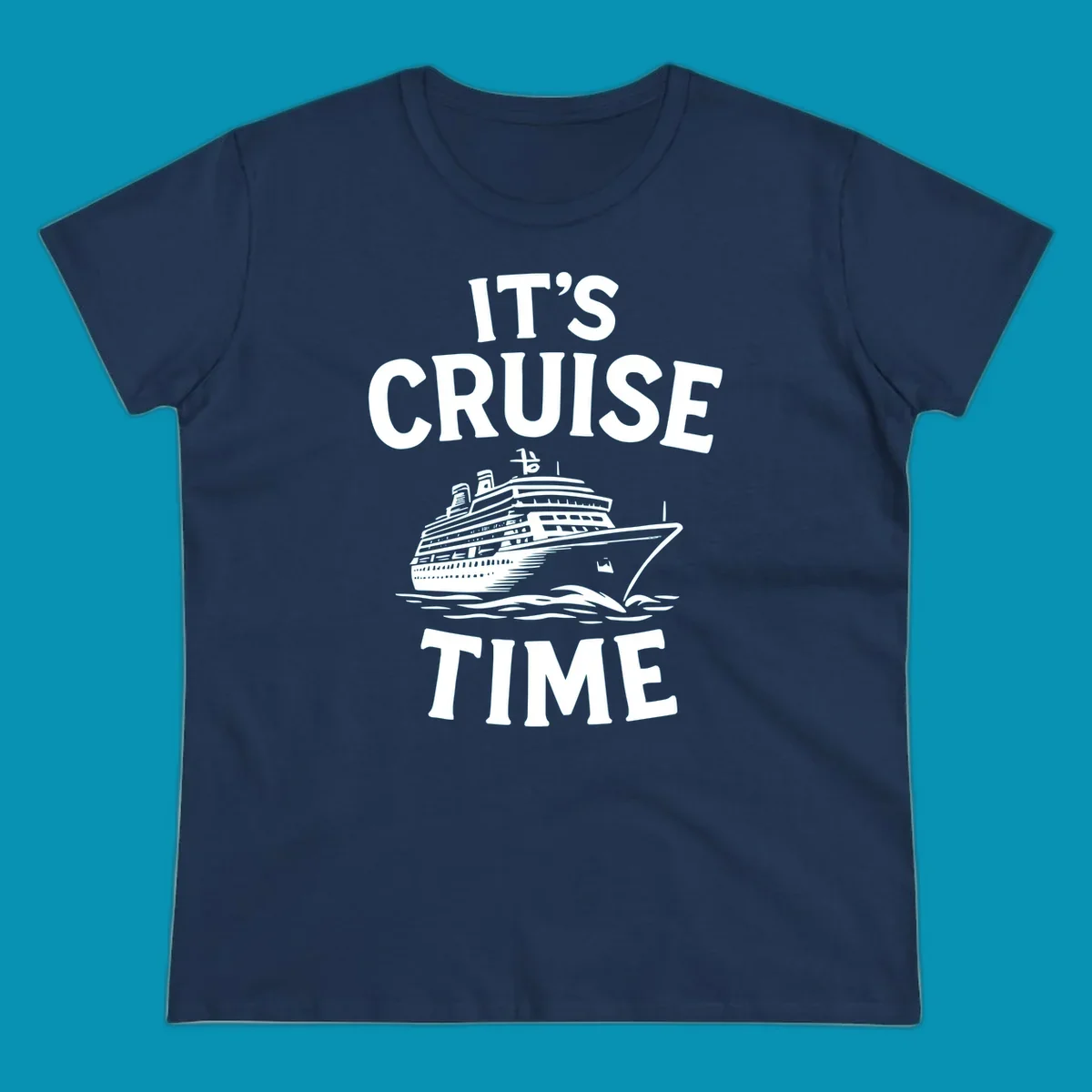 White text reading 'It's Cruise Time' with a detailed line-art cruise ship illustration sailing through ocean waves on gray background