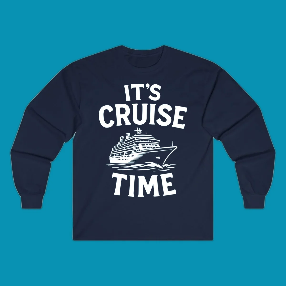 White text reading 'It's Cruise Time' with a detailed line-art cruise ship illustration sailing through ocean waves on gray background