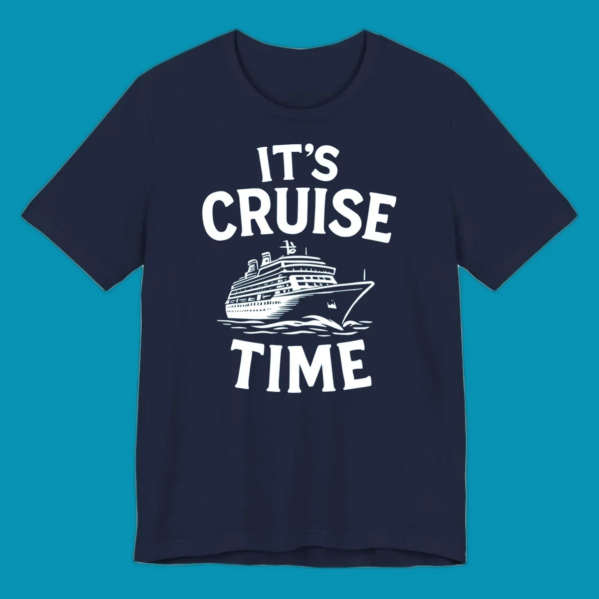 White text reading 'It's Cruise Time' with a detailed line-art cruise ship illustration sailing through ocean waves on gray background