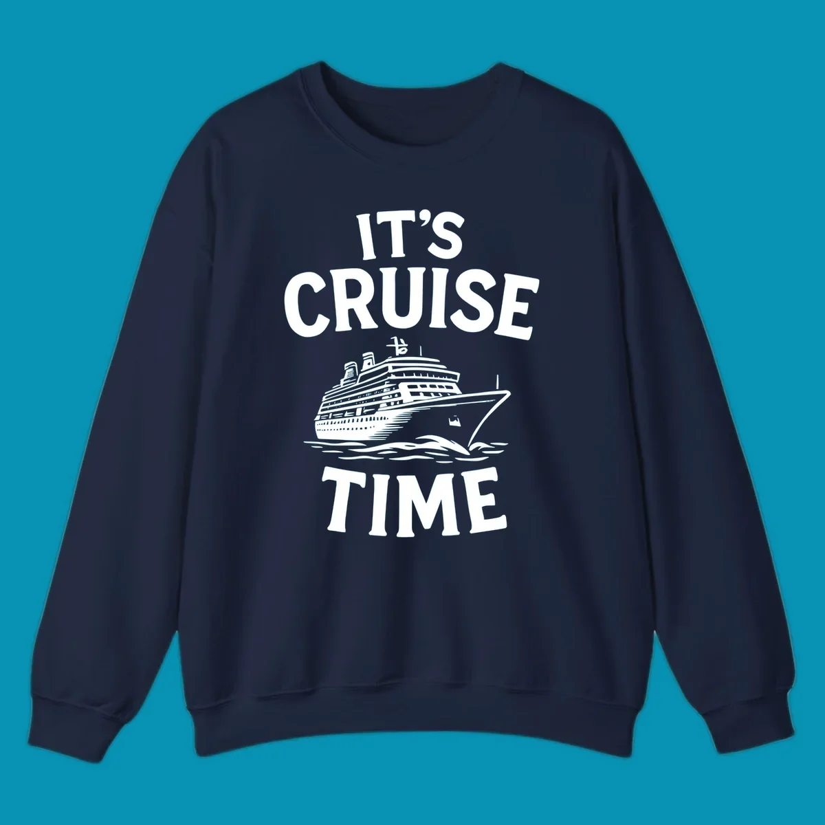 White text reading 'It's Cruise Time' with a detailed line-art cruise ship illustration sailing through ocean waves on gray background