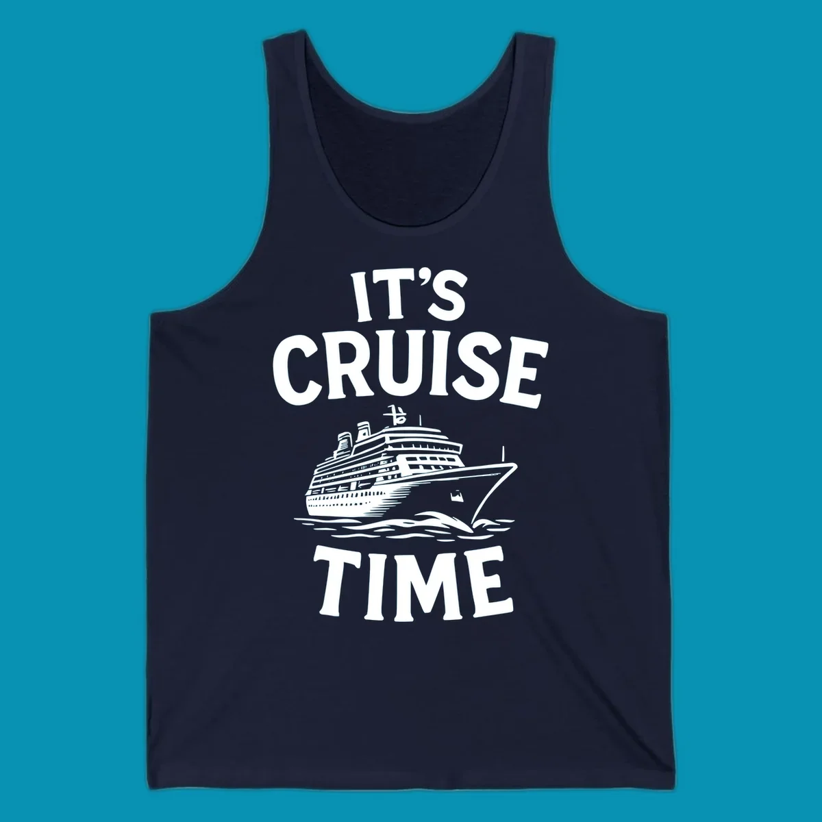 White text reading 'It's Cruise Time' with a detailed line-art cruise ship illustration sailing through ocean waves on gray background