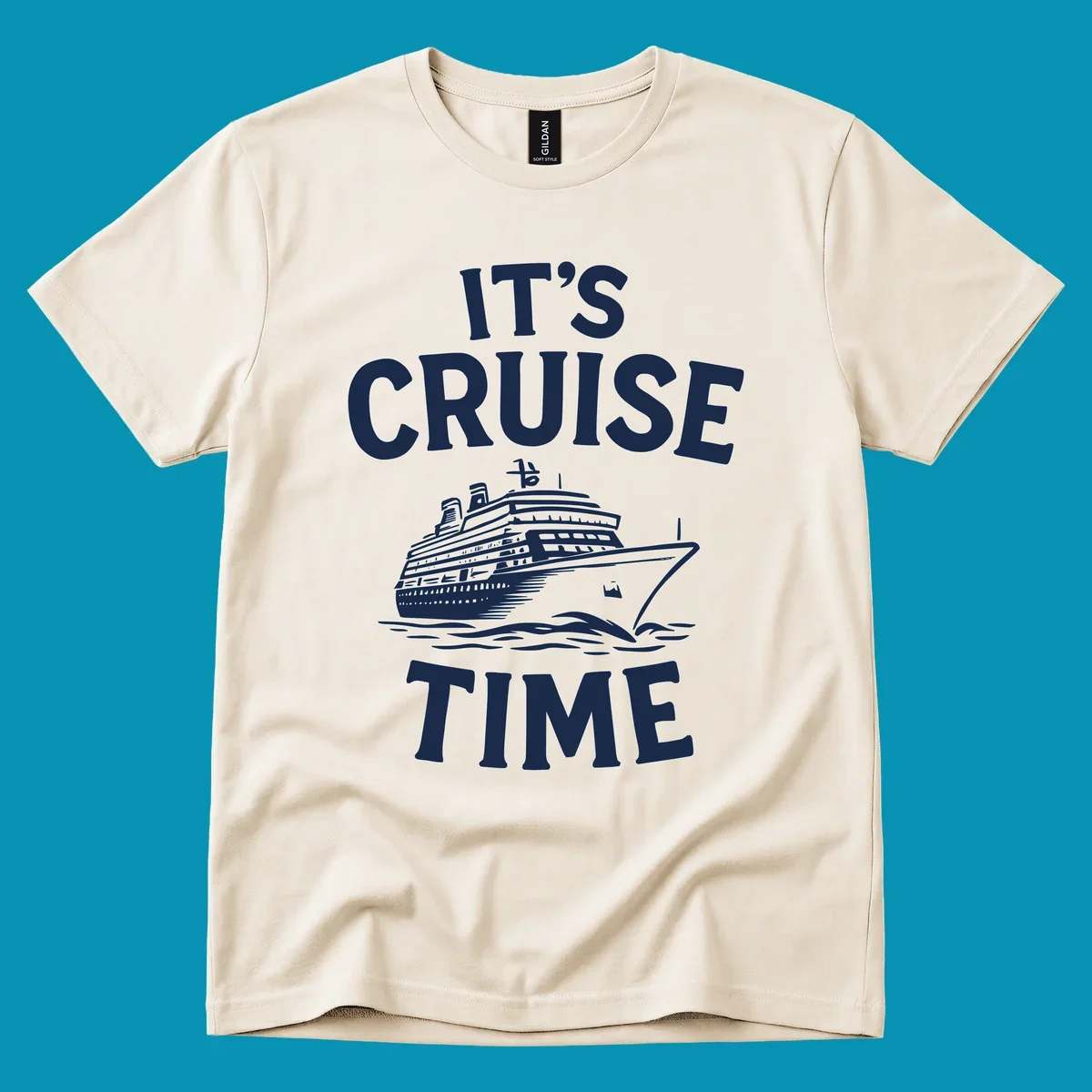 White text reading 'It's Cruise Time' with a detailed line-art cruise ship illustration sailing through ocean waves on gray background