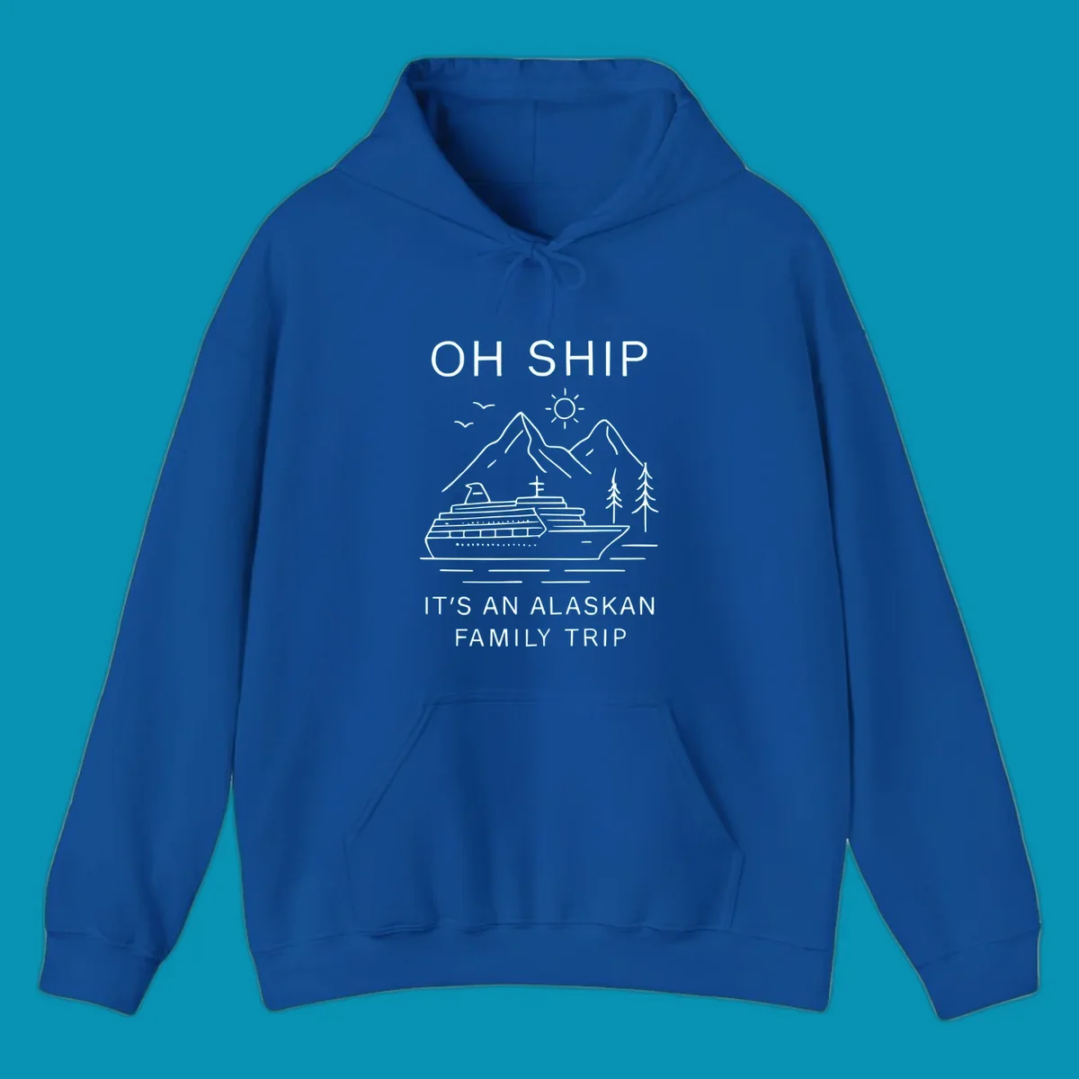 Minimalist line art design with cruise ship, mountains, pine trees and sun, text reads 'Oh Ship It's An Alaskan Family Trip'