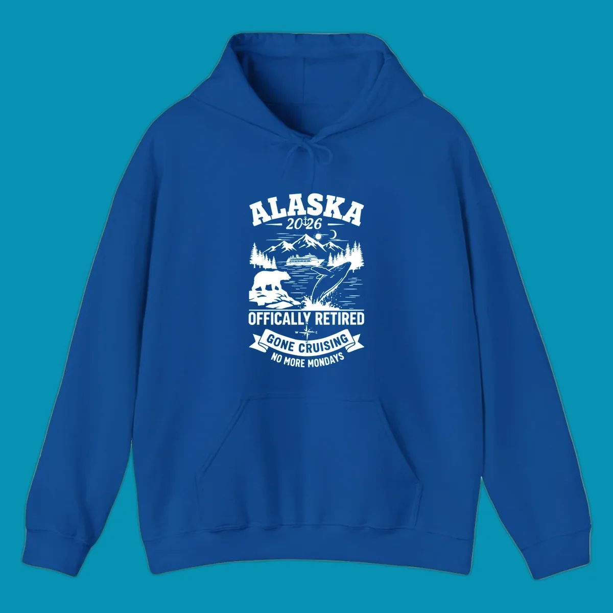 Alaska retirement cruise design with 2026 officially retired text, featuring mountains, whale, bear, cruise ship, and gone cruising banner