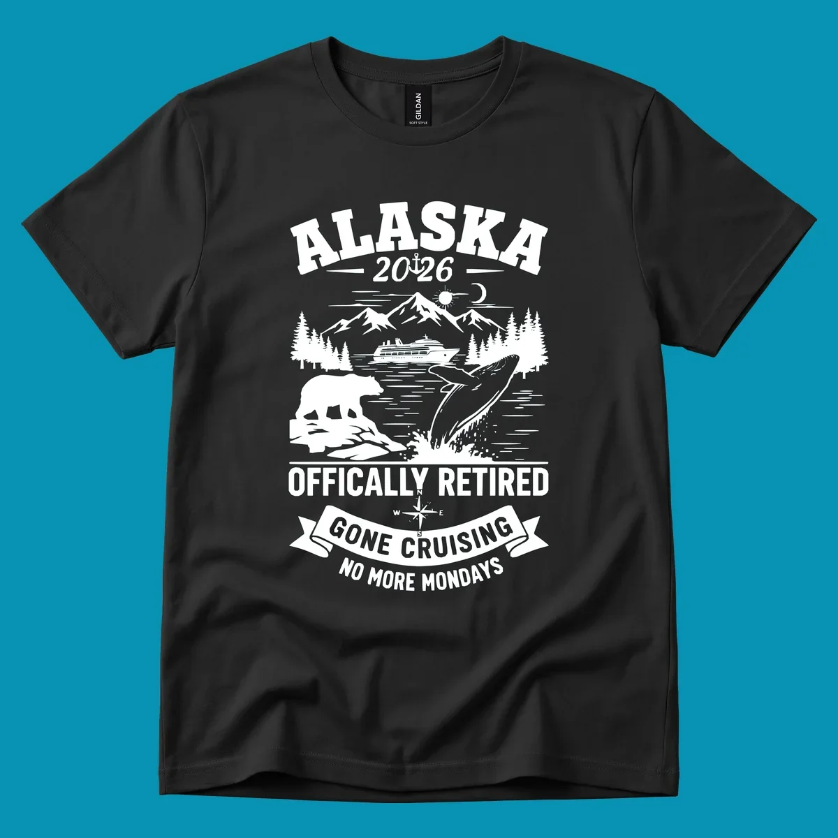Alaska retirement cruise design with 2026 officially retired text, featuring mountains, whale, bear, cruise ship, and gone cruising banner