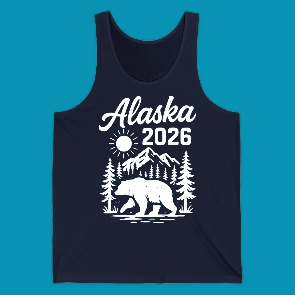 Alaska 2026 design featuring a polar bear walking through snowy mountains surrounded by evergreen trees and bright sun