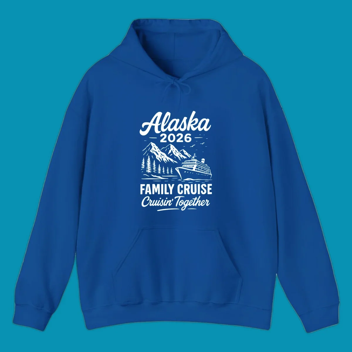 Alaska 2026 family cruise design featuring a cruise ship, snow mountains, forests, and 'Cruisin' Together' text