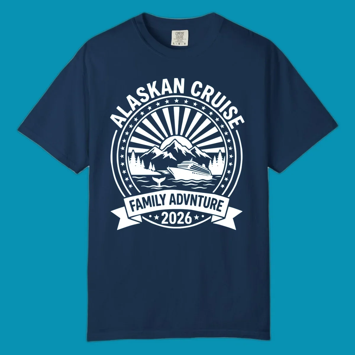 Vintage circular badge with Alaska cruise family adventure theme, featuring snow mountains, cruise ship, whale tail, and radiating sunburst design.