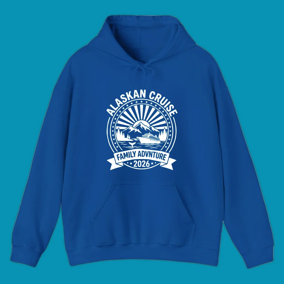 Vintage circular badge with Alaska cruise family adventure theme, featuring snow mountains, cruise ship, whale tail, and radiating sunburst design.